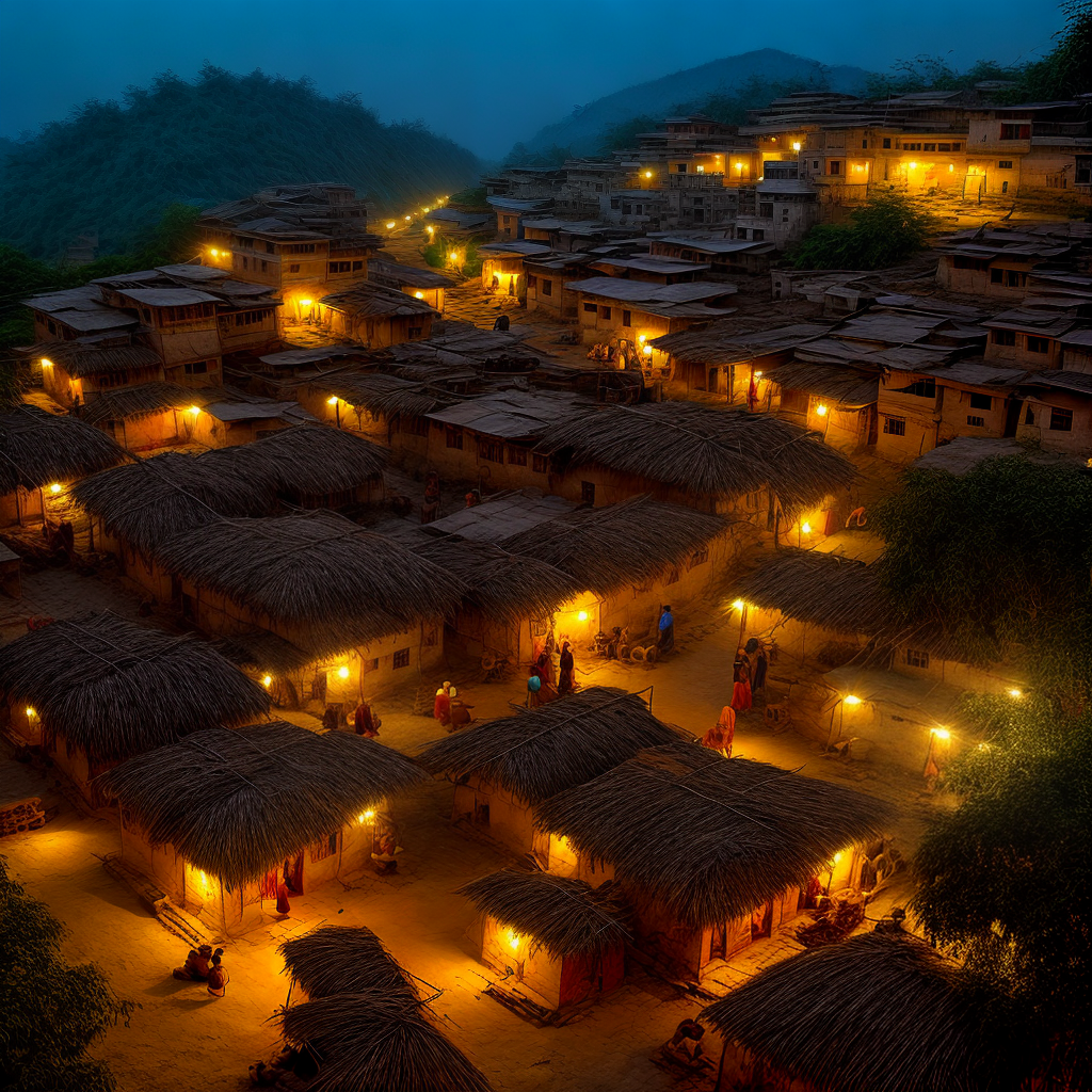create a evening scene in a remote village in india