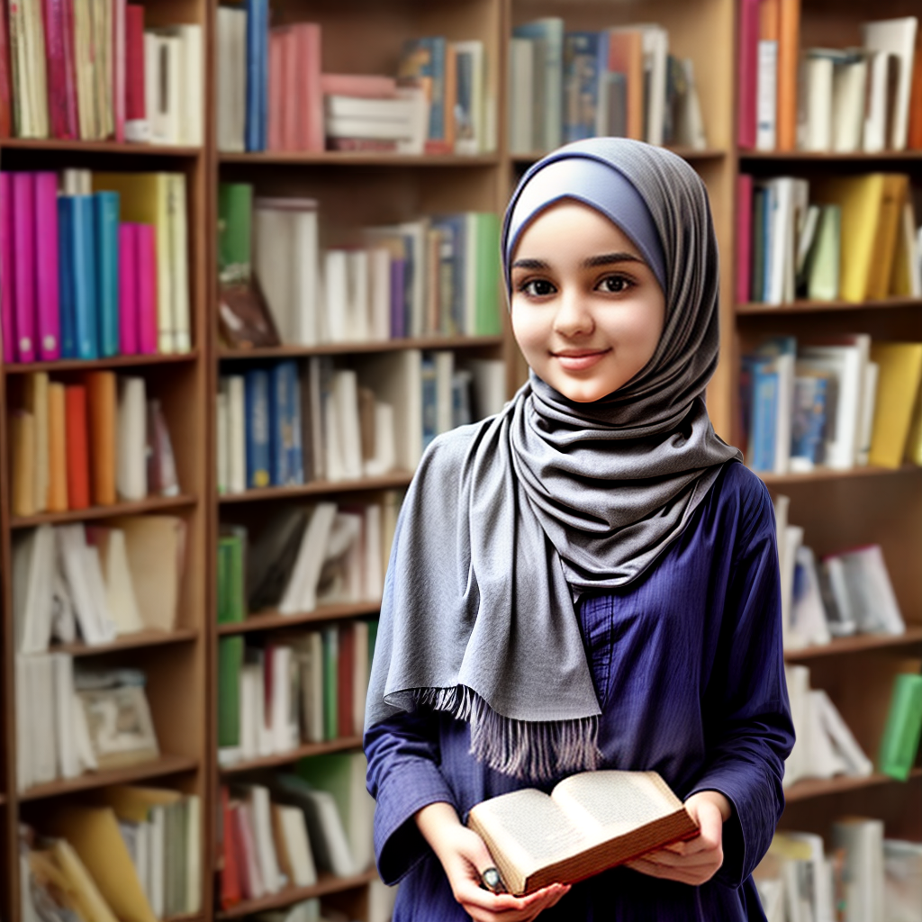 young energetic college girl wearing hijab and holding books in hand