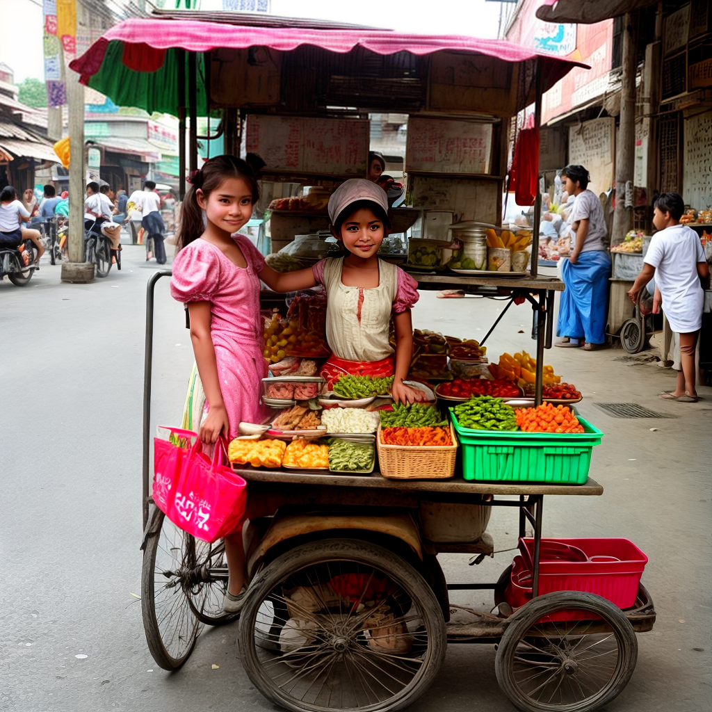 Cute and young girl selling food on cart