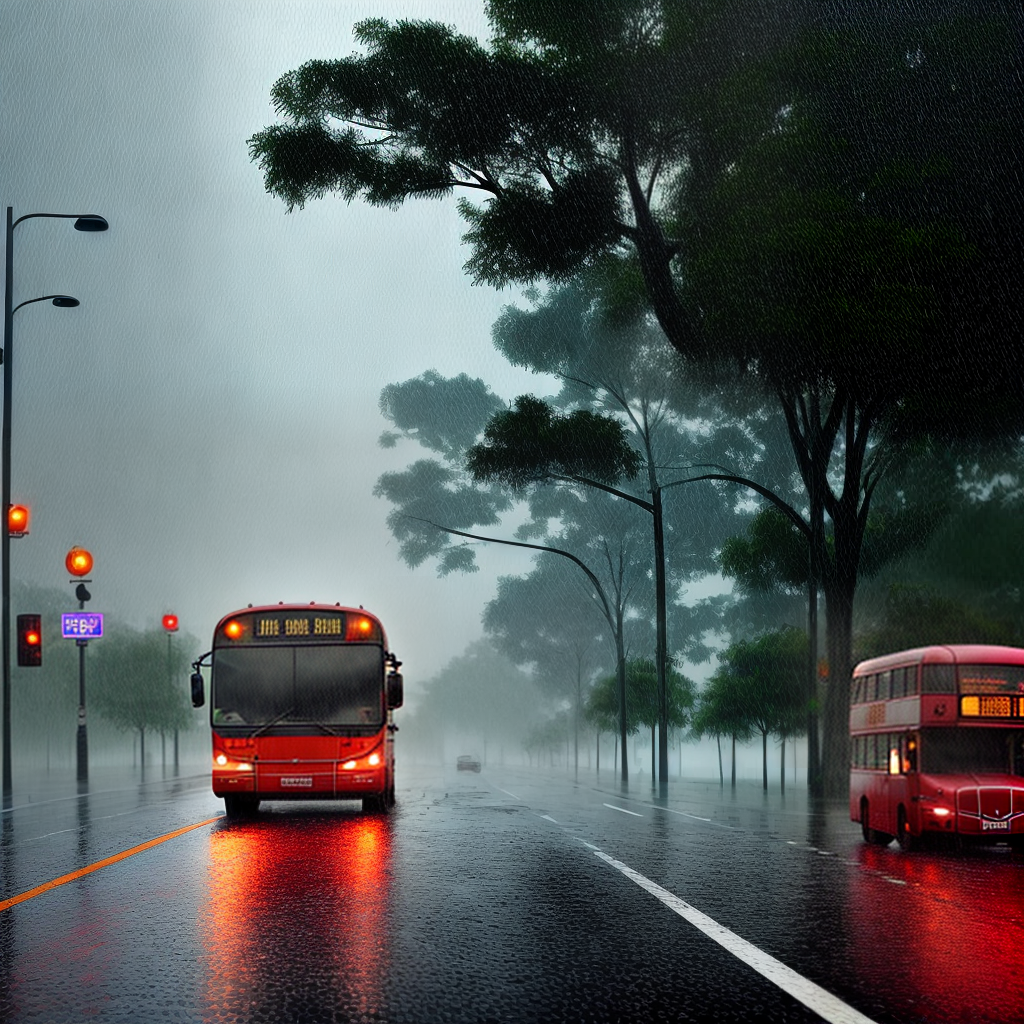 make a beautiful scene of bus on the road and heavy rain on it