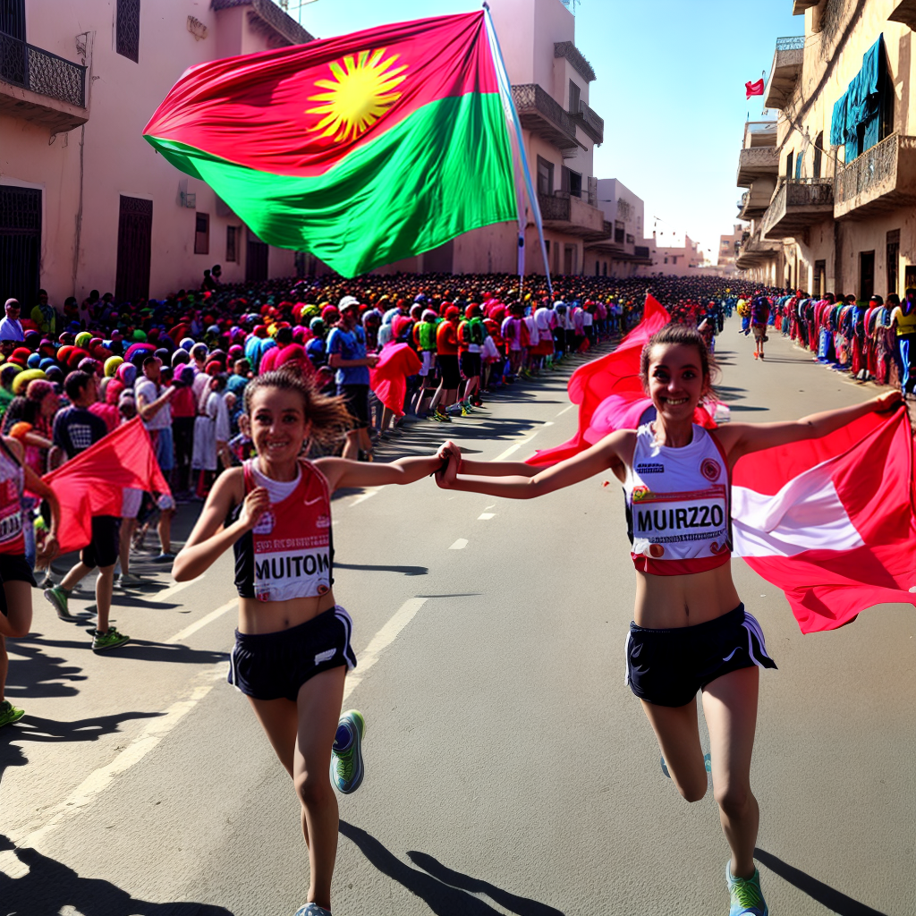 create a girl is running handling morocco flag in marathon