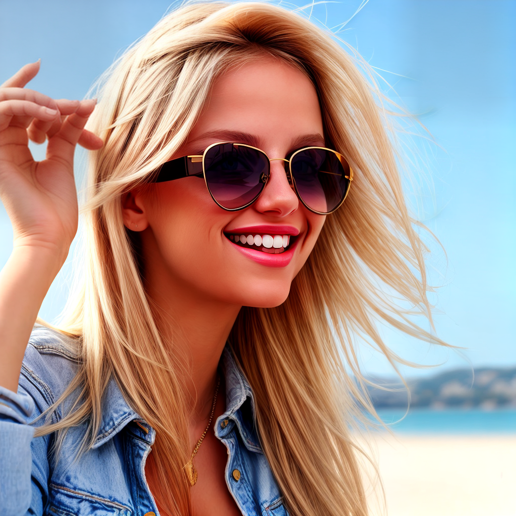 beautiful girl profile picture, wearing sunglasses, blond hairs, smiling and happy impressions