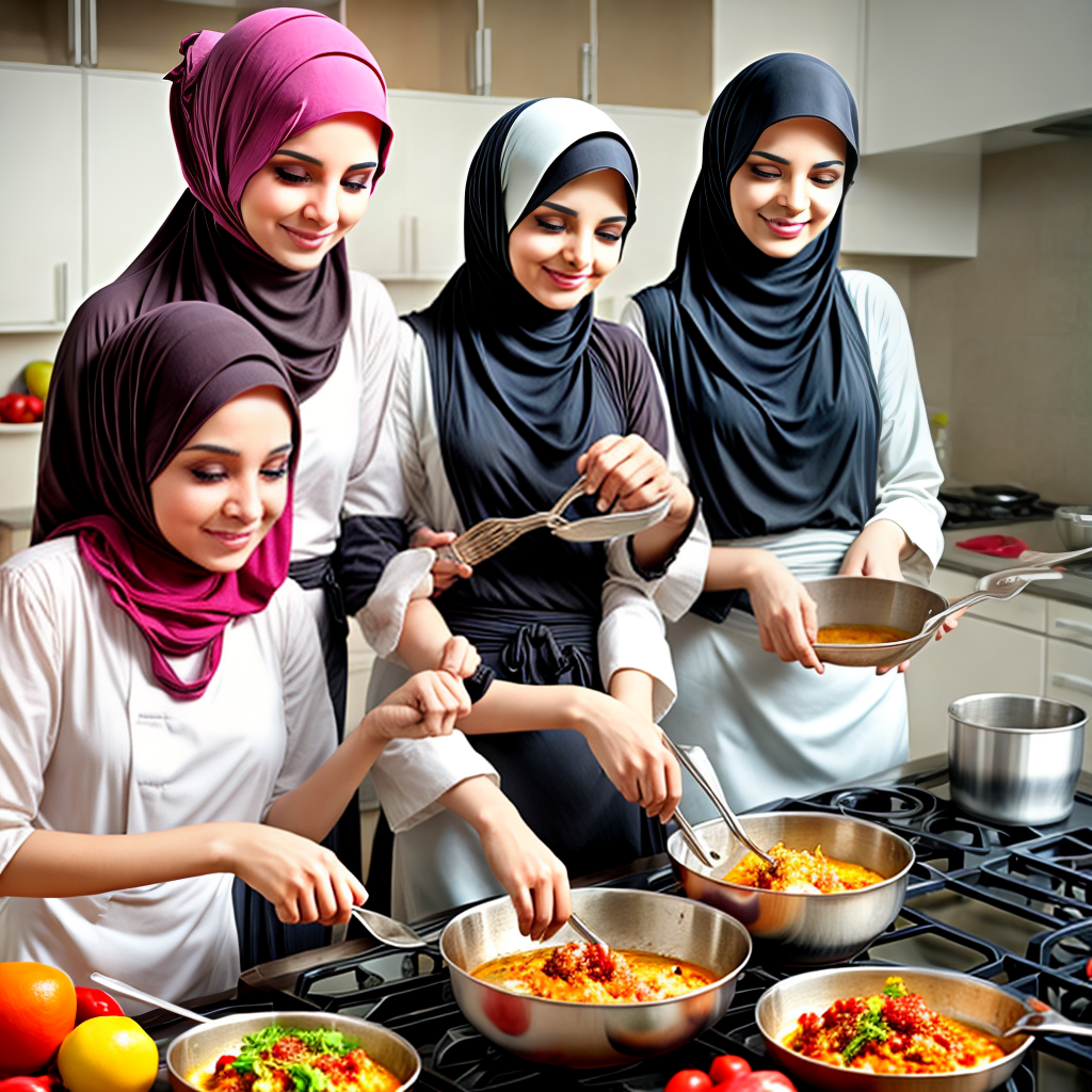 Happy Muslim Hijab women cooking food