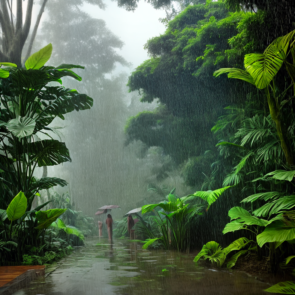 mind relaxing view of rain with followers in jungle