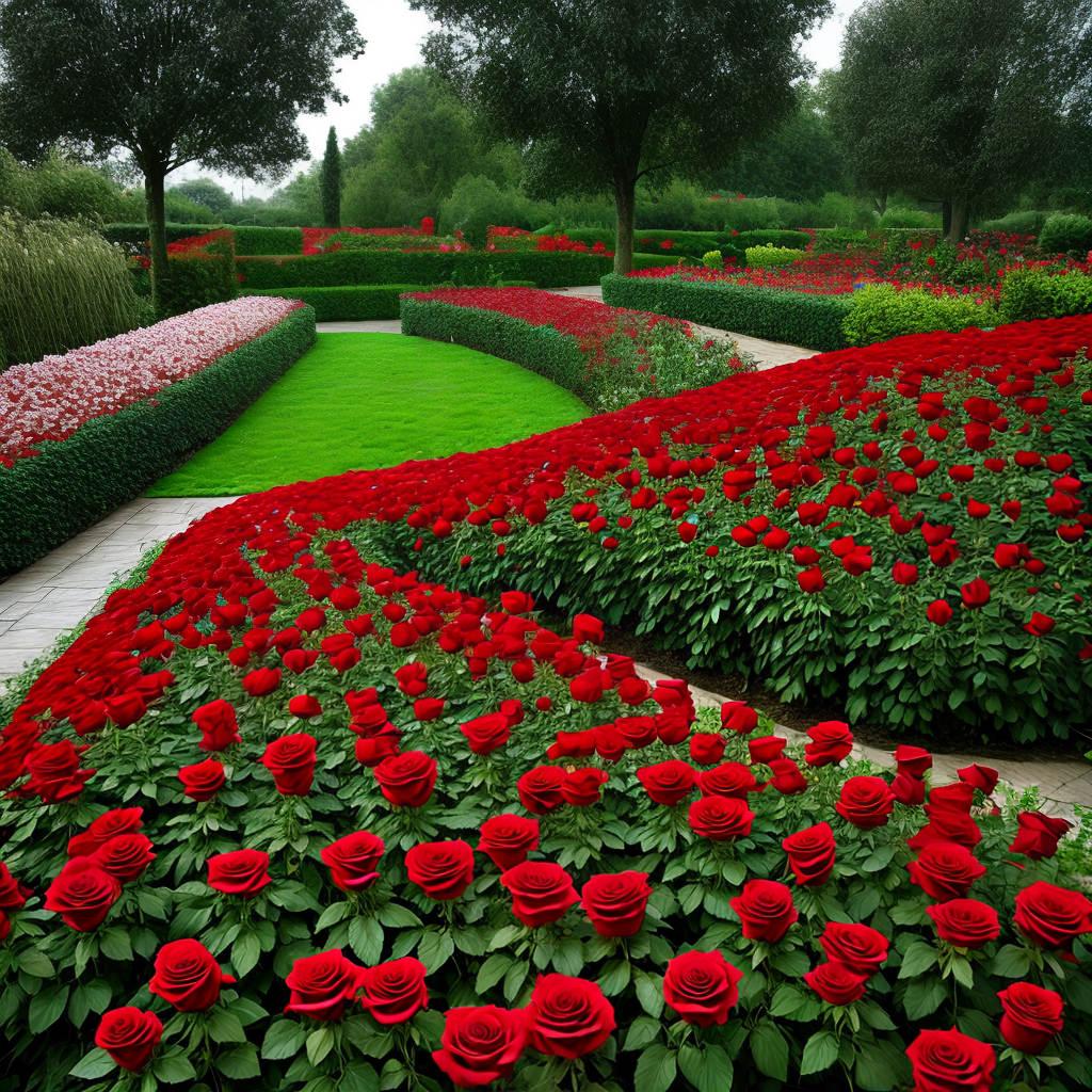 rain on red roses followers in a flower garden