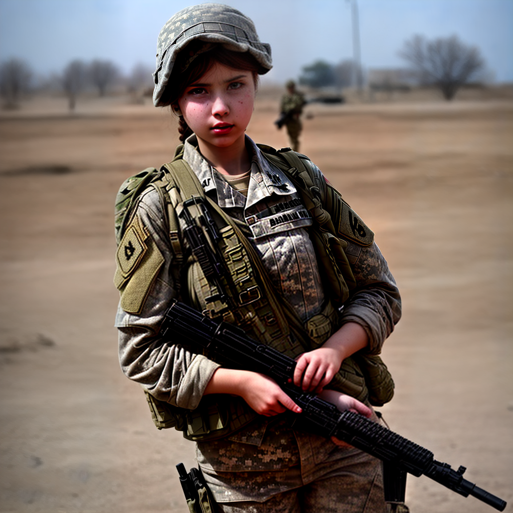 army girl holding gun in war