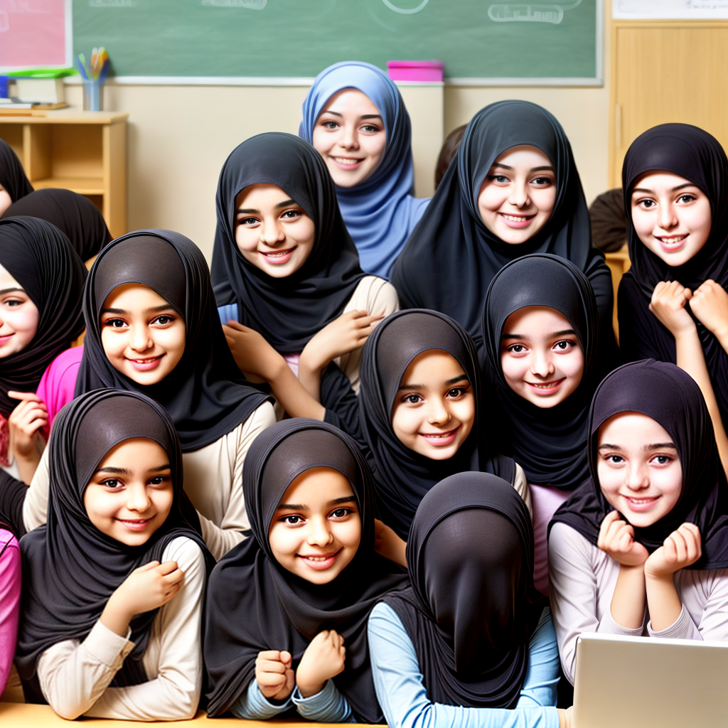 happy muslim hijab girls in class room