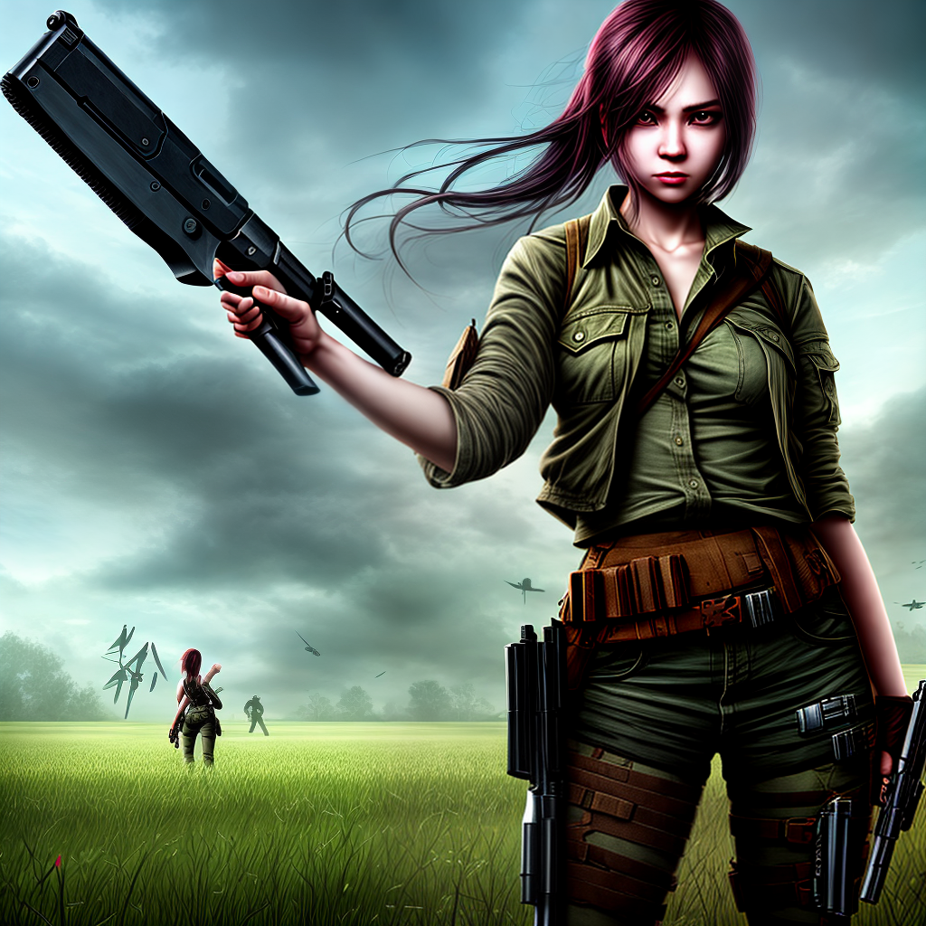 design a game character as follow, she is holding gun in one hand and knife in second hand. background is battle field