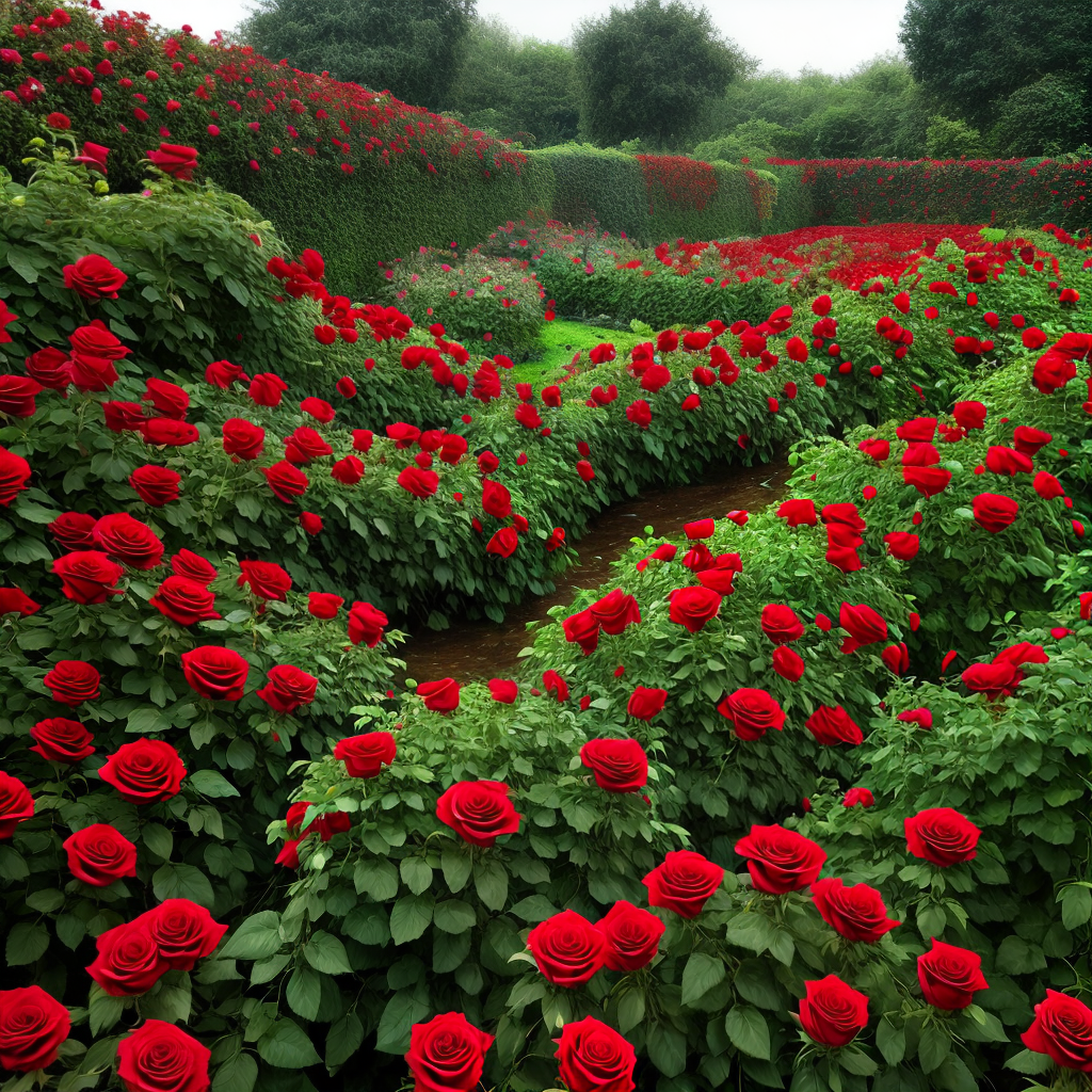 rain on red roses followers in a flower garden
