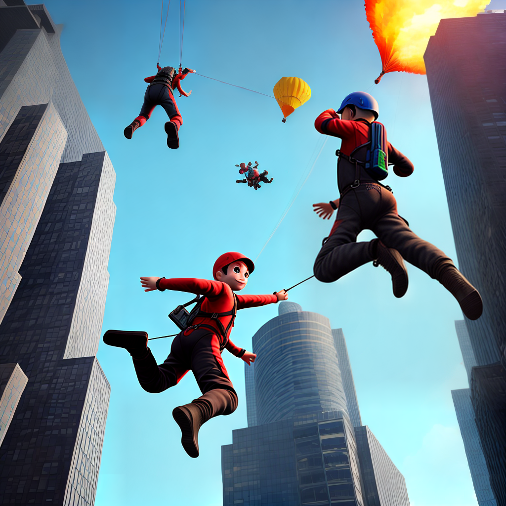 design a game character as follow, boy is jumping from skyscraper with parachute and in background fire on skyscraper