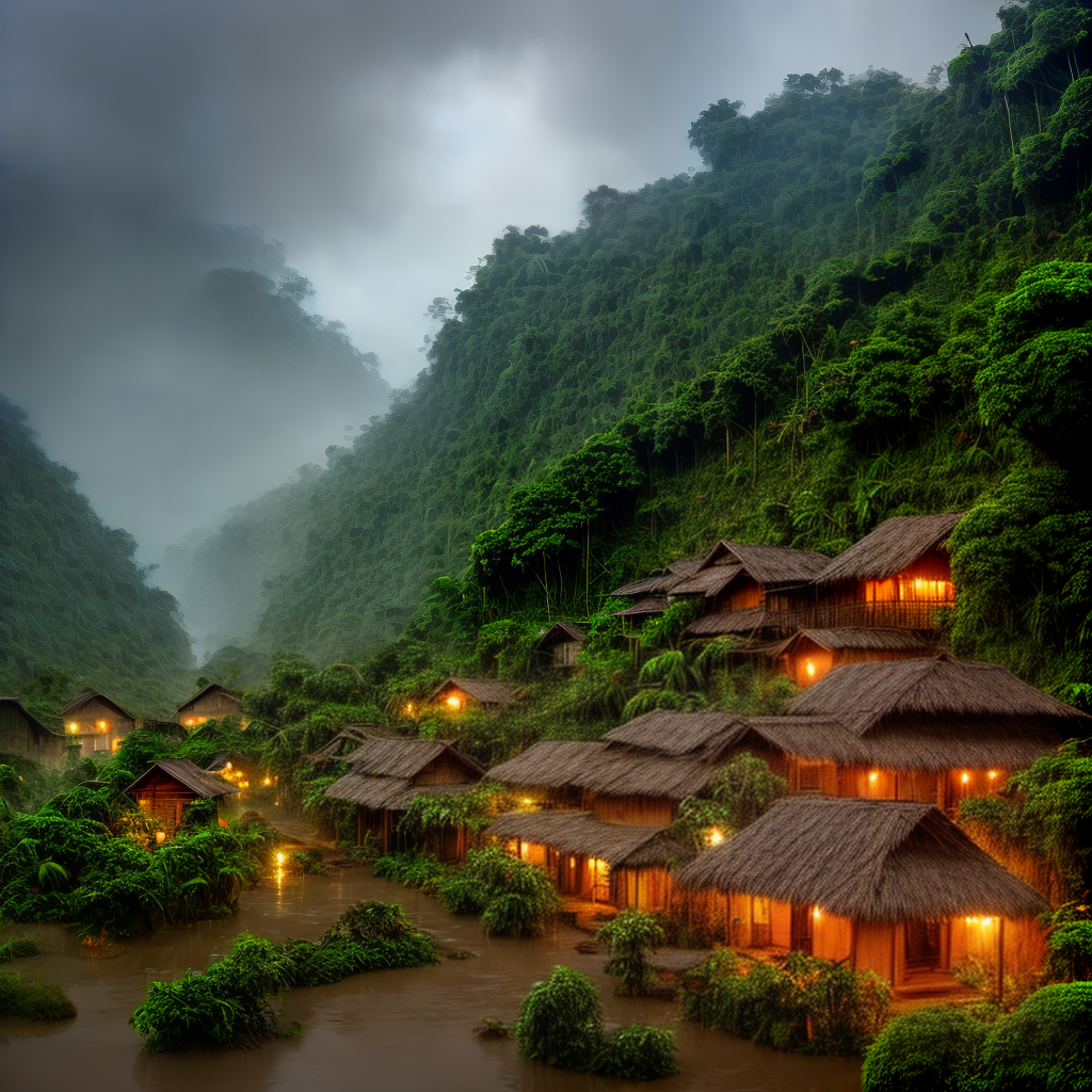 village in jungle and heavy rain and mind relaxing view