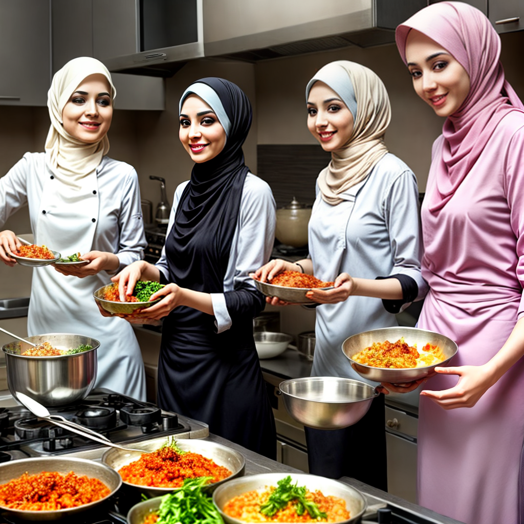 Happy Muslim Hijab women cooking food