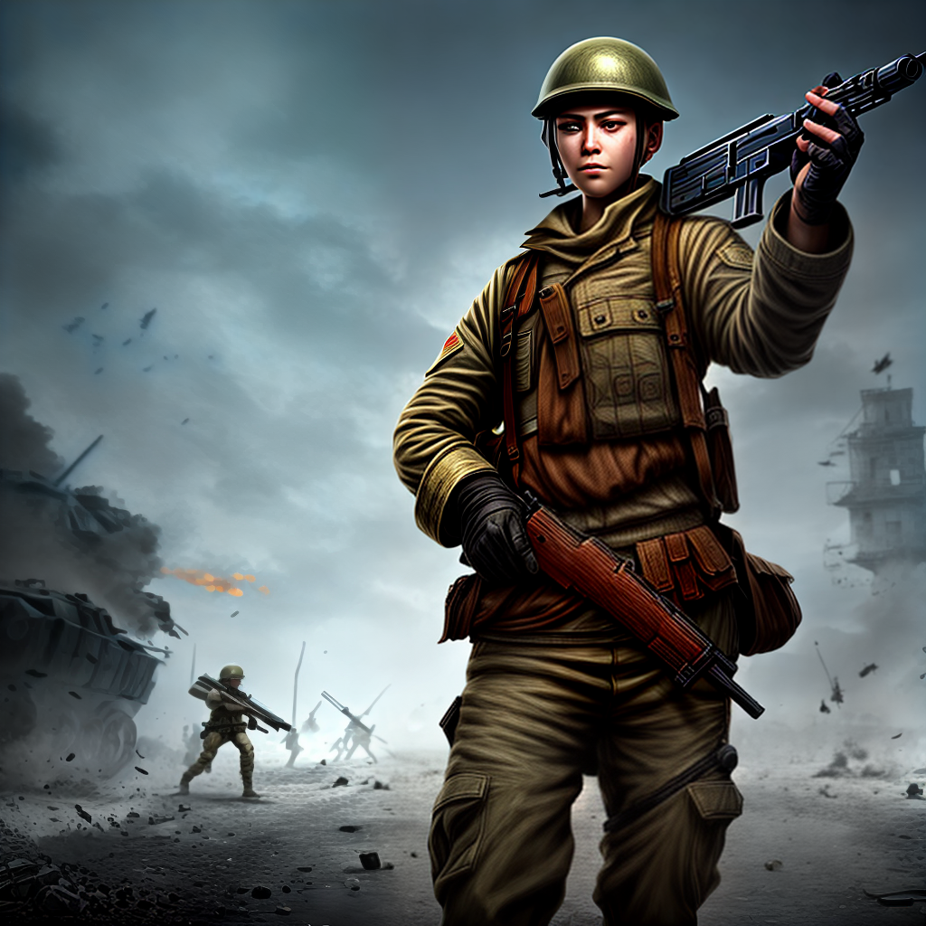 design a game character holding gun in a war scene