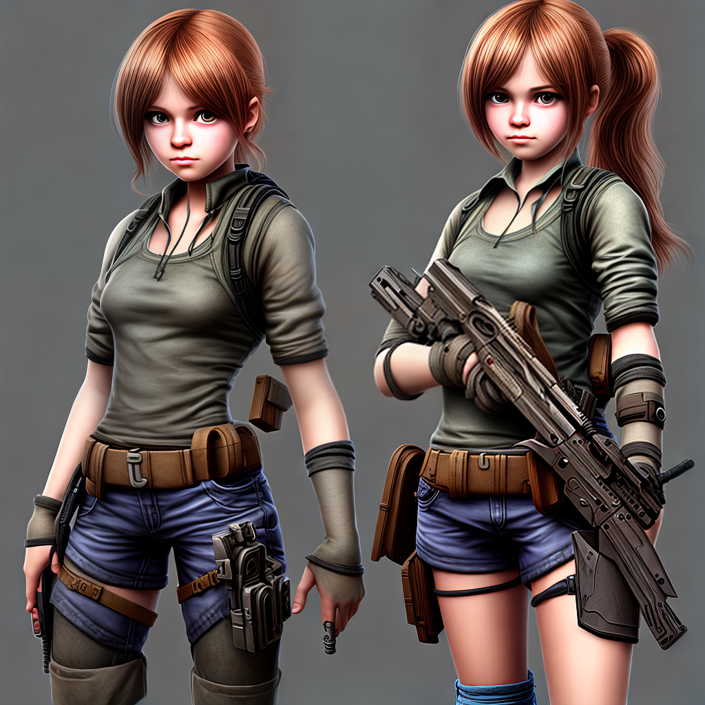 create girl game character with holding guns and arms