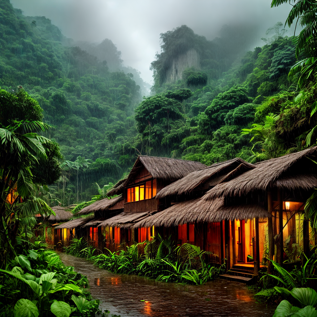 village in jungle and heavy rain and mind relaxing view