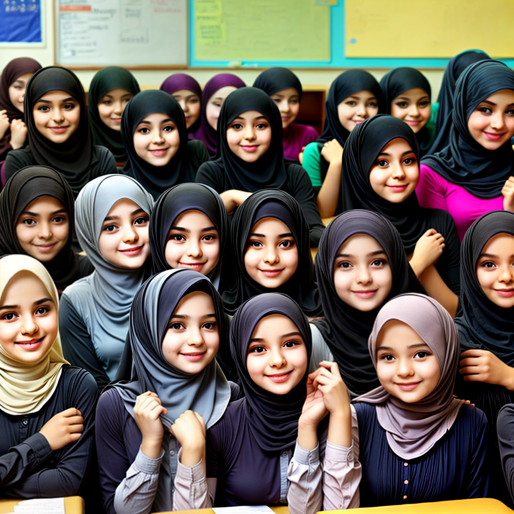 happy muslim hijab girls in class room
