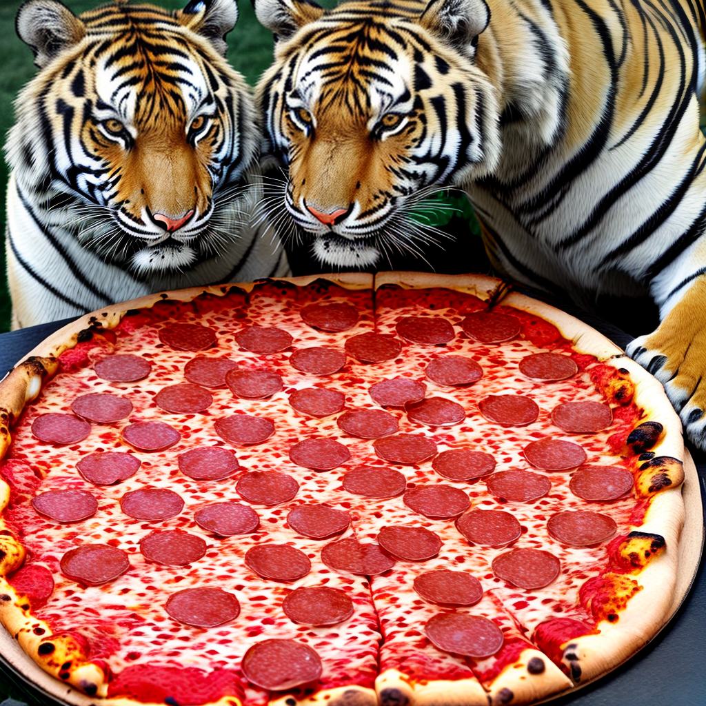 tiger eating a pepperoni pizza