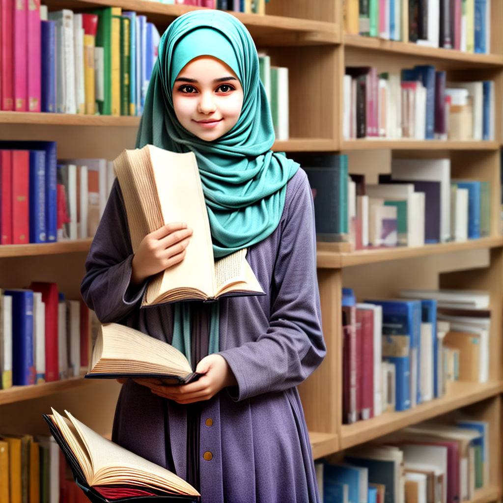 young energetic college girl wearing hijab and holding books in hand