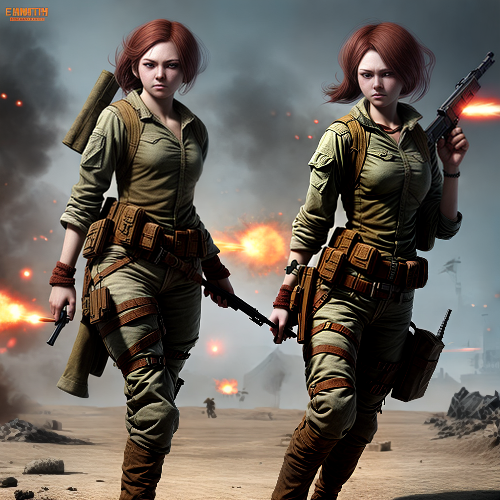 design a game female character holding gun in a war scene