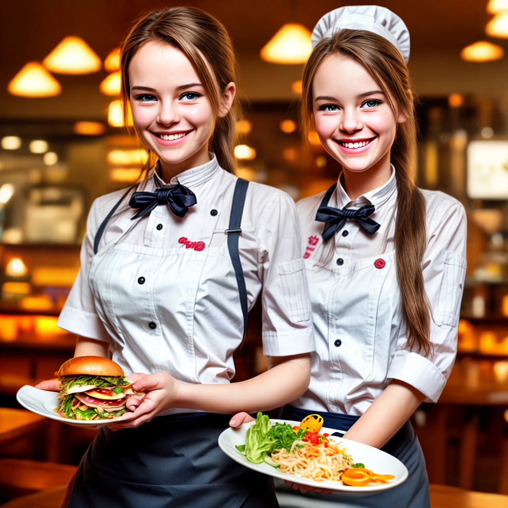 young cute waitress holding food and smiling