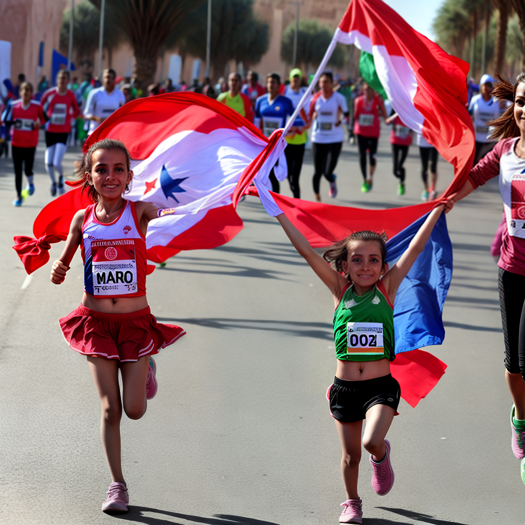 create a girl is running handling morocco flag in marathon