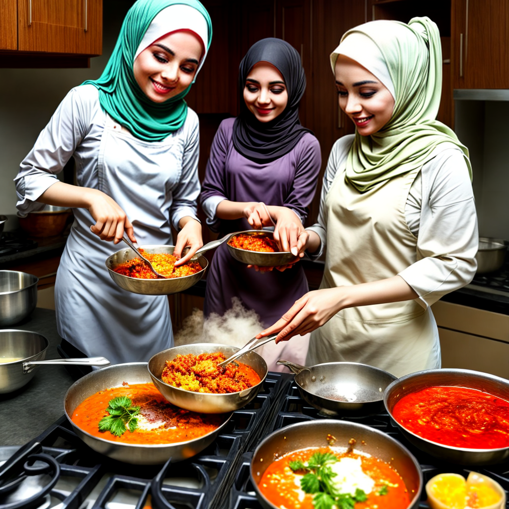 Happy Muslim Hijab women cooking food