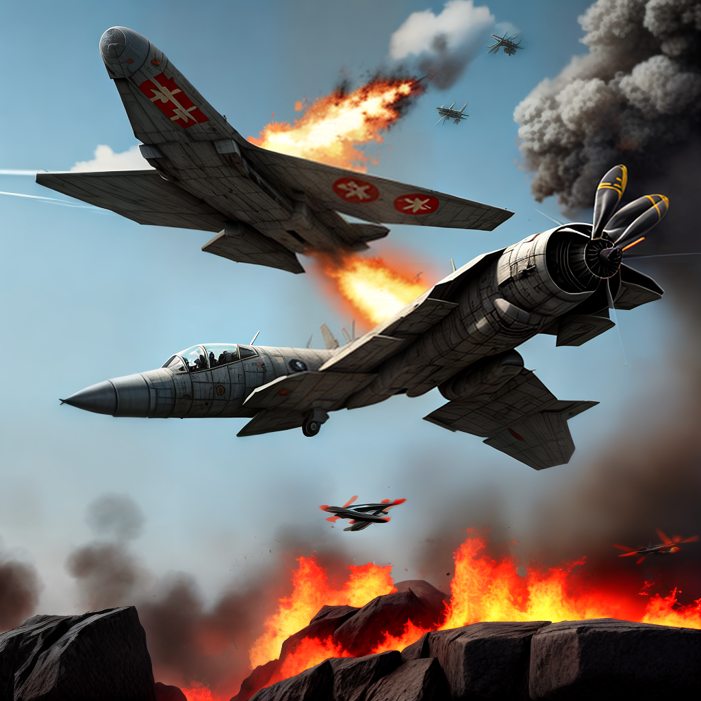 make background for war scene game, add some game characters in it as well, a flying fighter plane and some fire