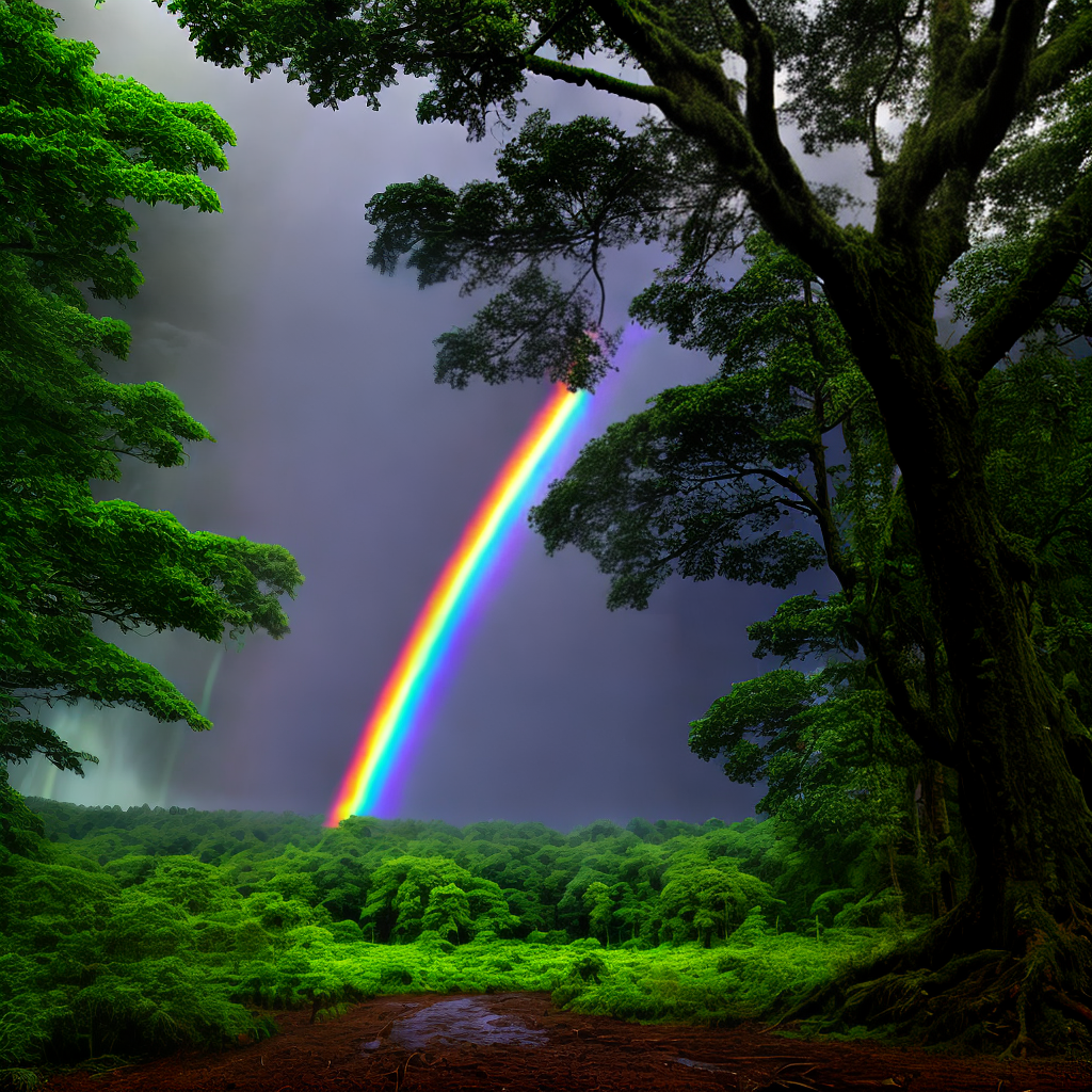 rainbow after rain over forest