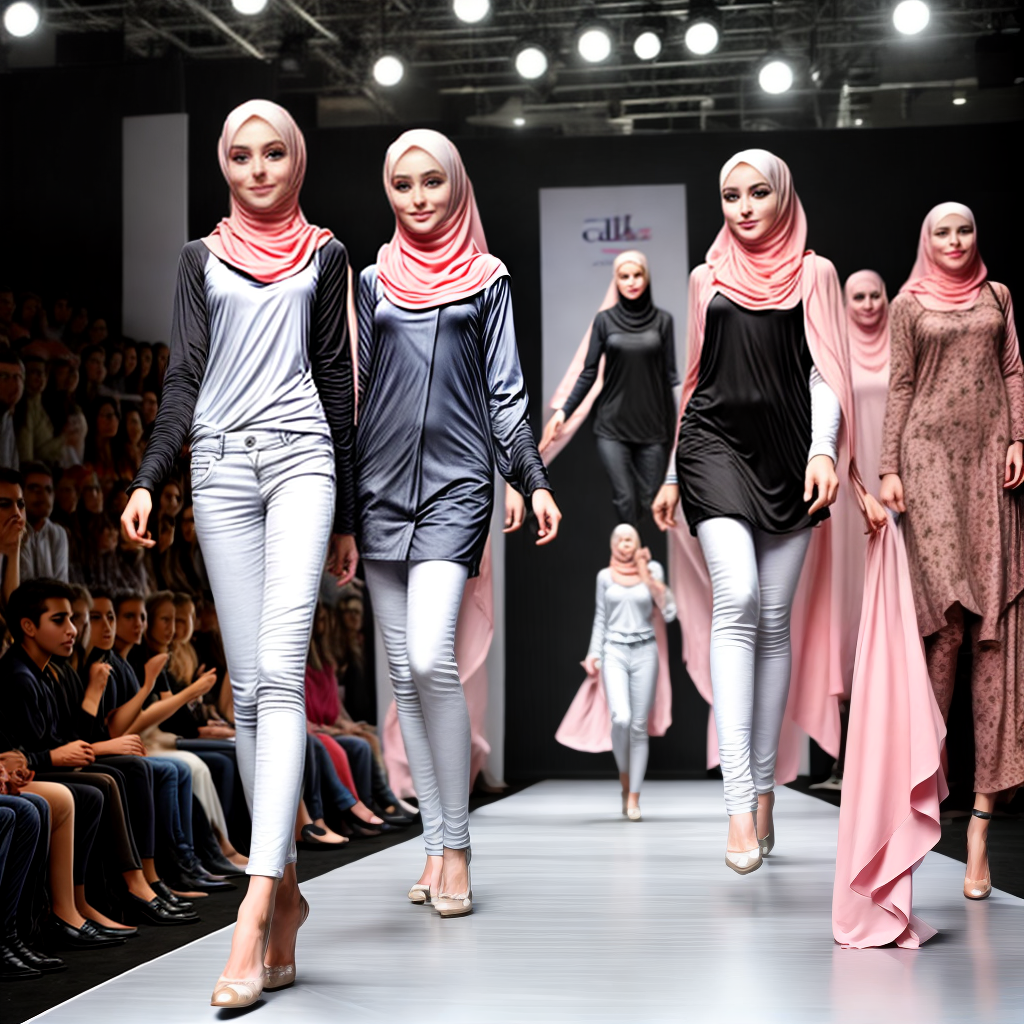 beautiful, young, model girls doing cat walk in a fashion show in hijab