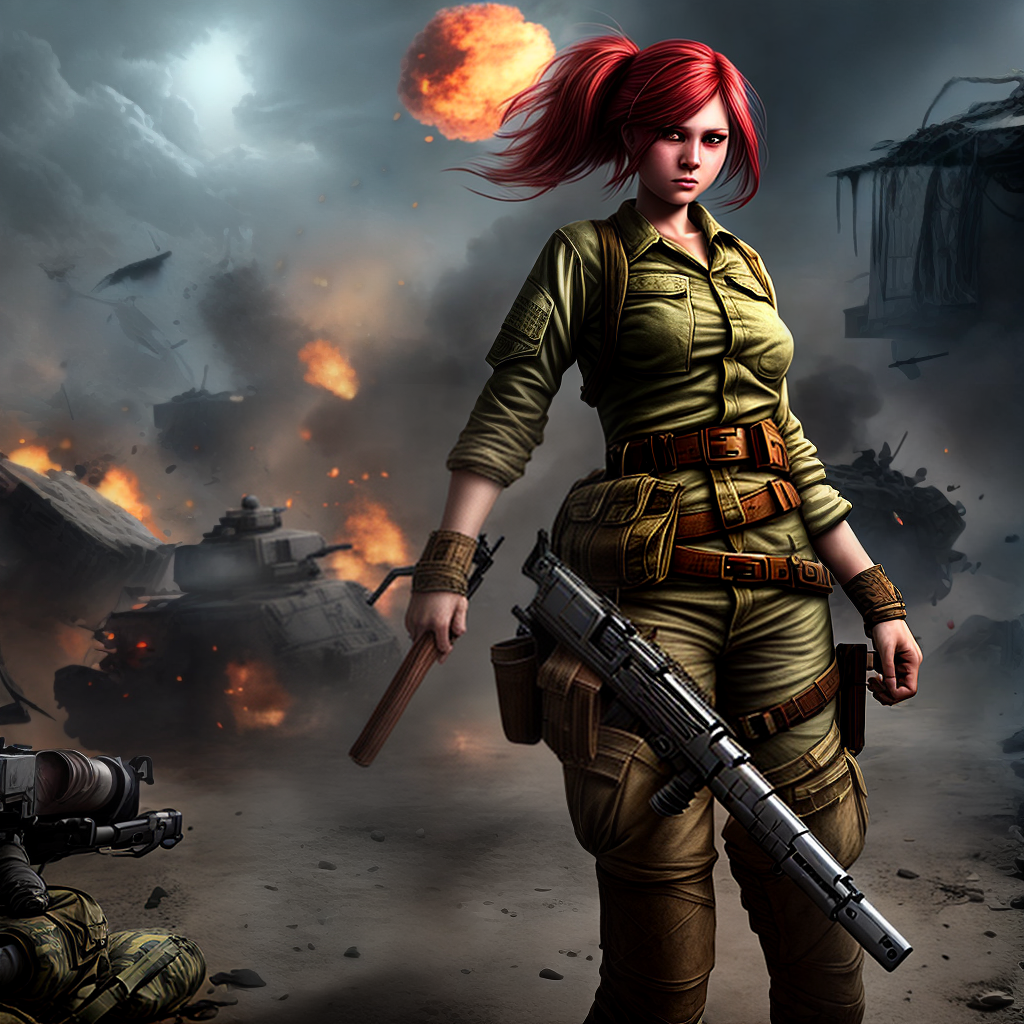 design a game female character holding gun in a war scene