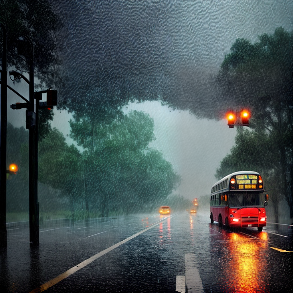 make a beautiful scene of bus on the road and heavy rain on it