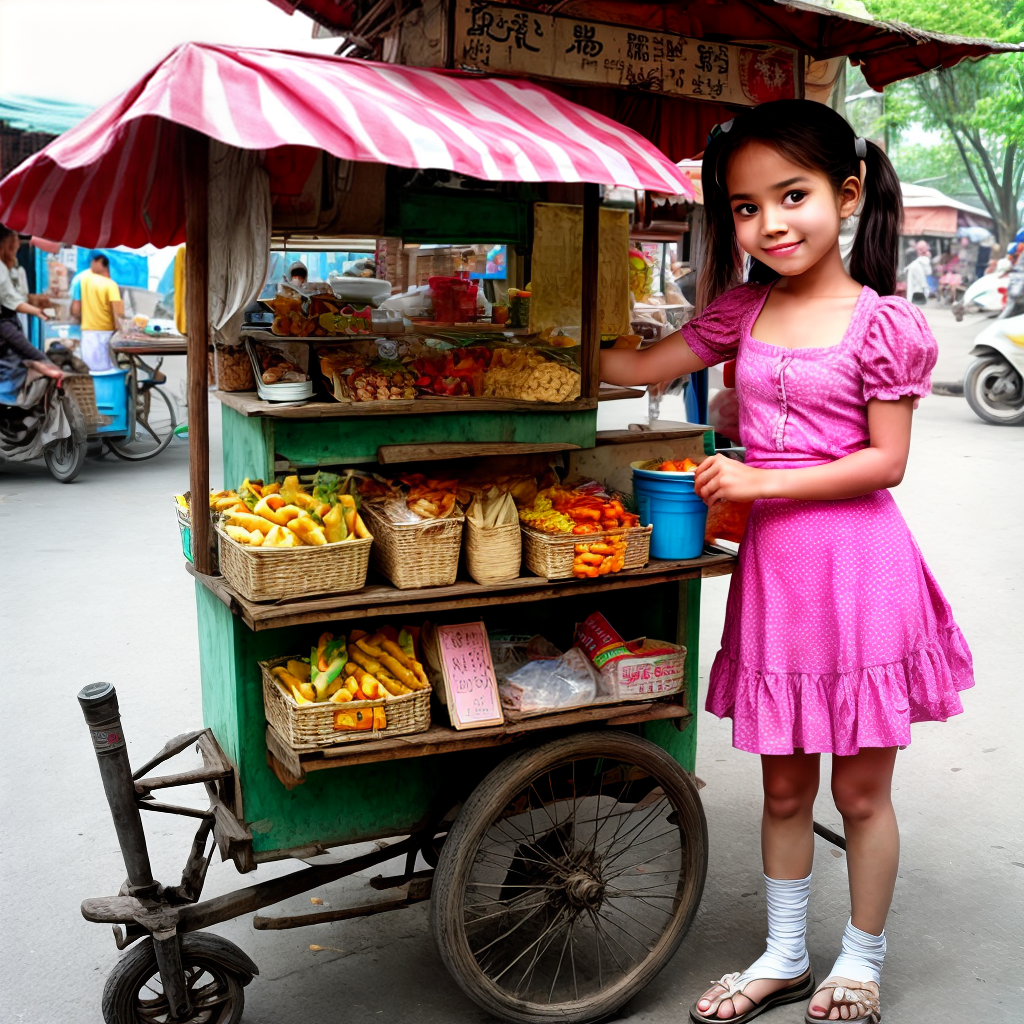 Cute and young girl selling food on cart