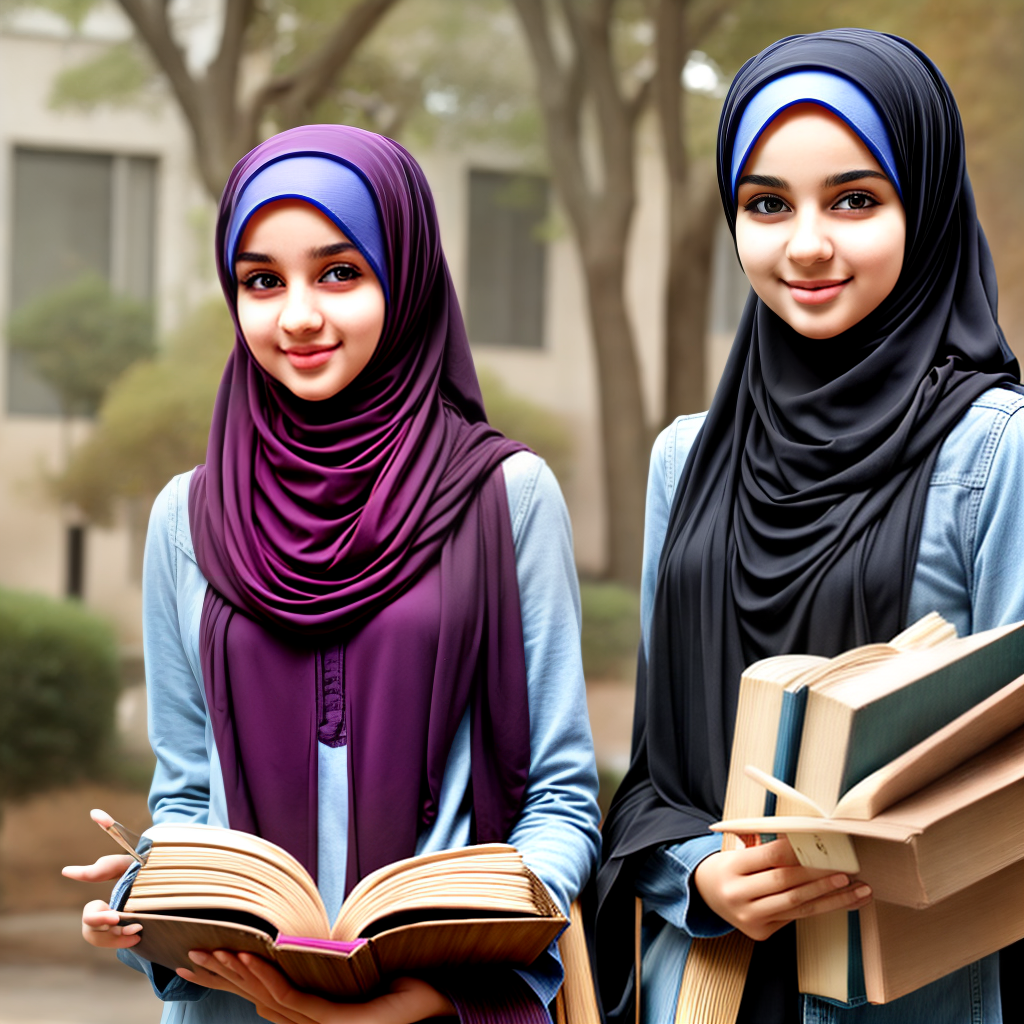 young energetic college girl wearing hijab and holding books in hand