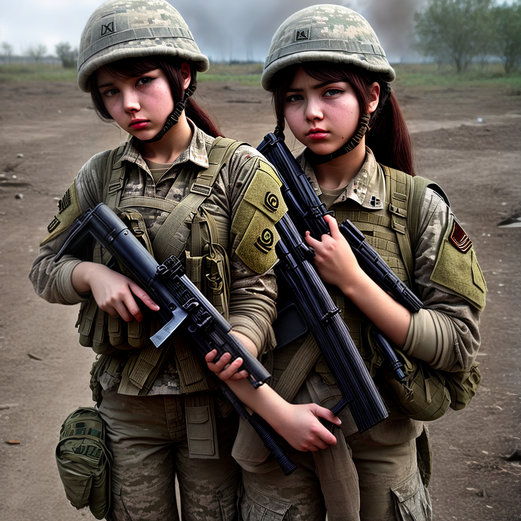 army girl holding gun in war