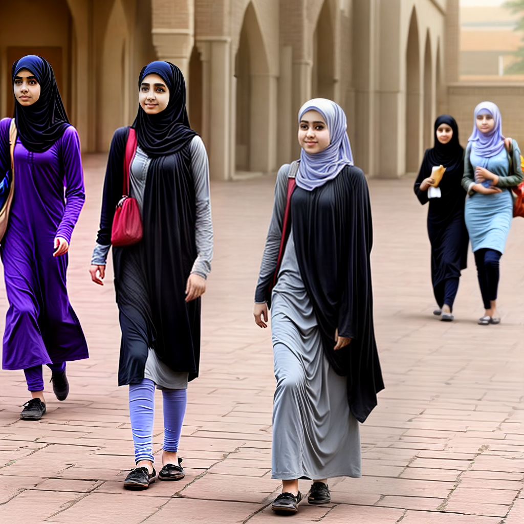 Muslim student girls wearing hijab and walking in university