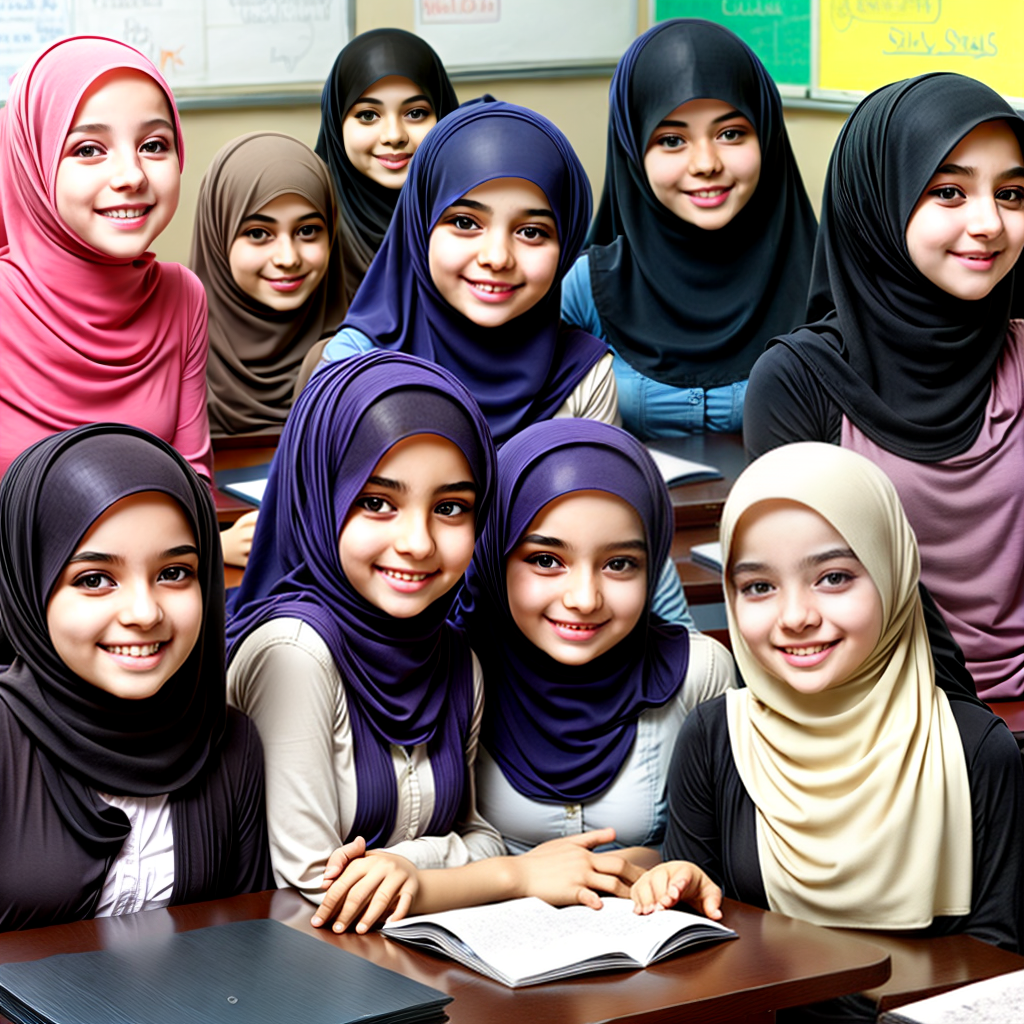 happy muslim hijab girls in class room