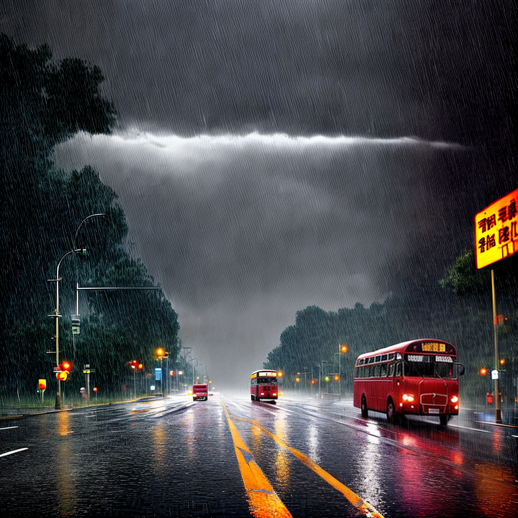 make a beautiful scene of bus on the road and heavy rain on it