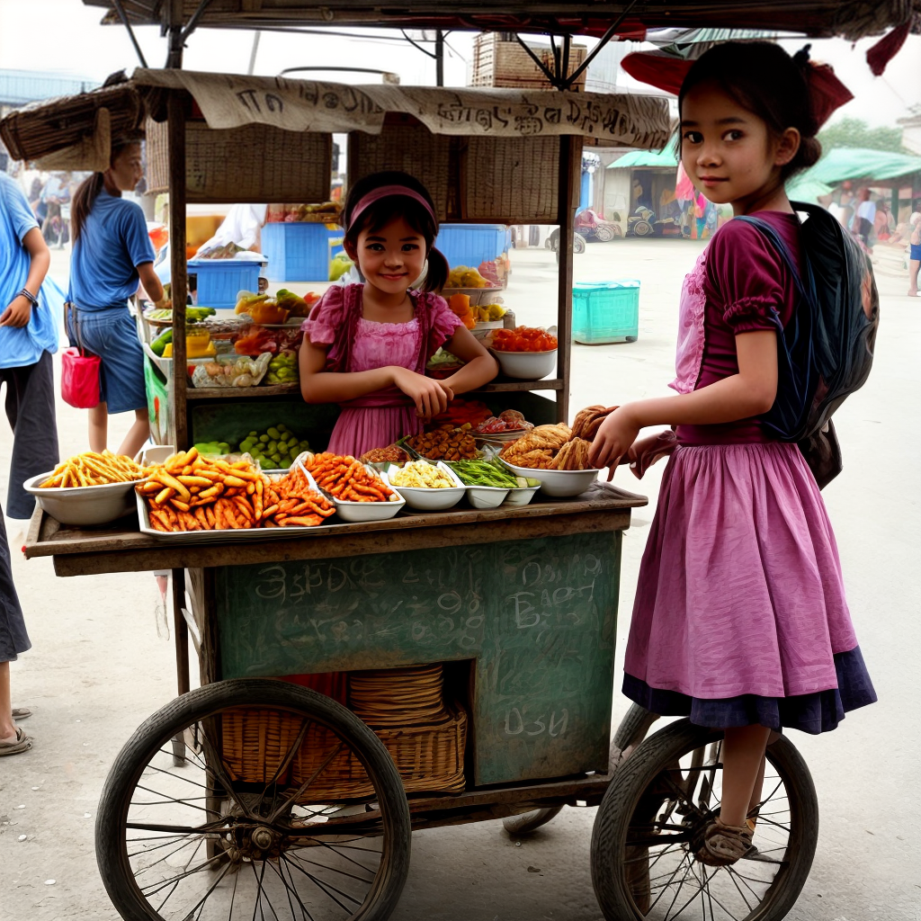 Cute and young girl selling food on cart