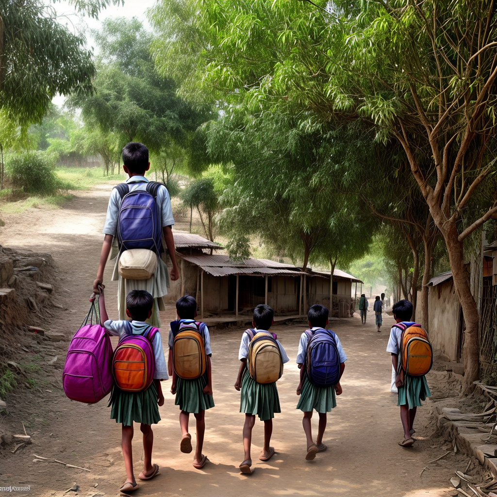 create a rural area in india kid going to school while hanging school back at back