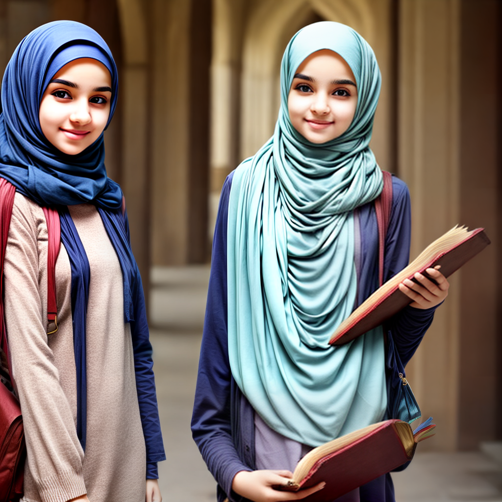 young energetic college girl wearing hijab and holding books in hand