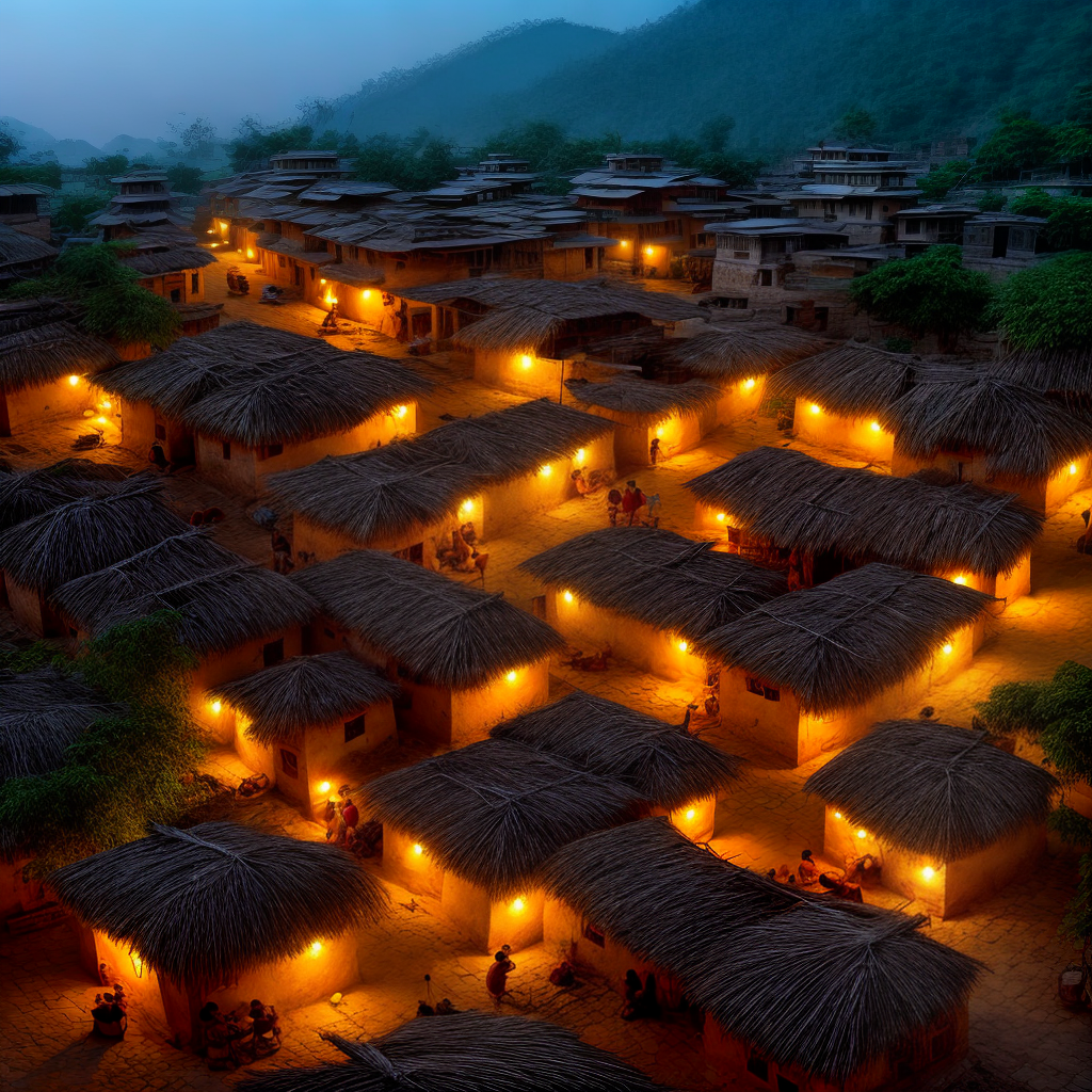 create a evening scene in a remote village in india